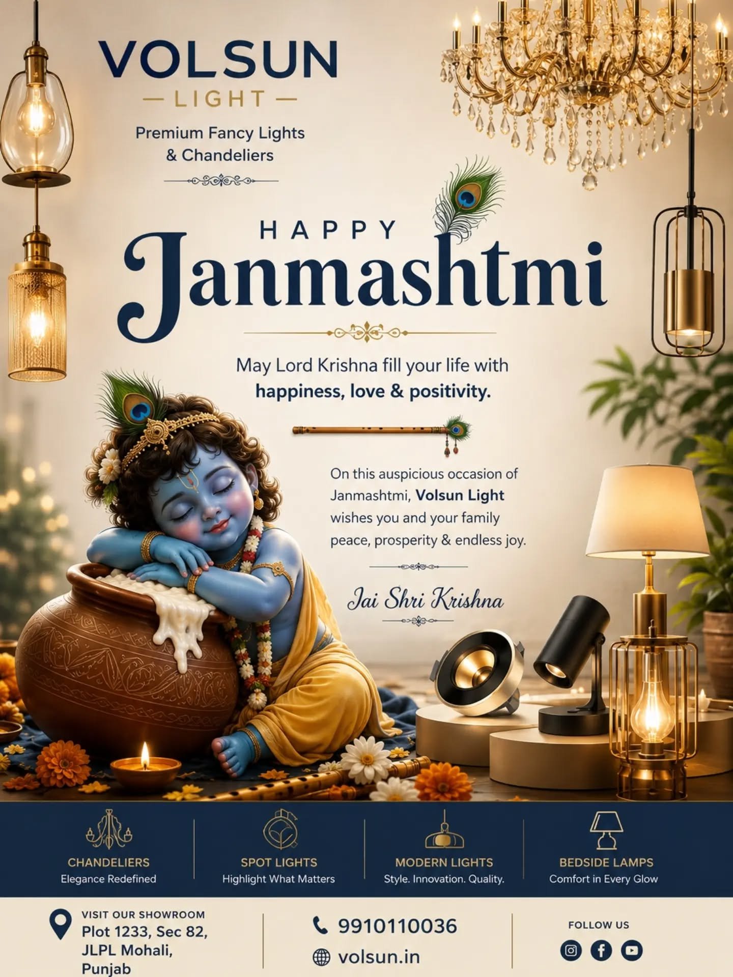 🦚✨ Happy janmashtmi May. Lord Krishna's divine blessings fill your home with love , peace , and happiness b let every corner shine with joy - Volsun light #happyjanmashtami