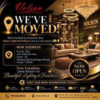 We’re excited to announce that Volsun Light is now at a new location! 💡📍 1233, Sector 82, JLPL Industrial Area, Sahibzada Ajit Singh Nagar, Punjab – 140306New location. Same passion for beautiful lighting. ✨Visit our new showroom! 💡
