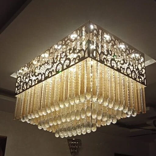 Crystal-Cuboid Metal Gold Chandelier
